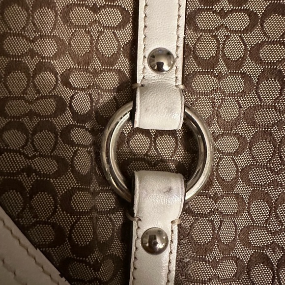 Coach Gallery Tote F11526 - Signature Khaki Canvas & White Leather Trim + Strap